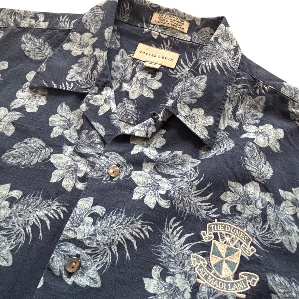 Cutter & Buck Button Down Mens M Golf Shirt Dunes at Maui‎ Blue Floral Tropical